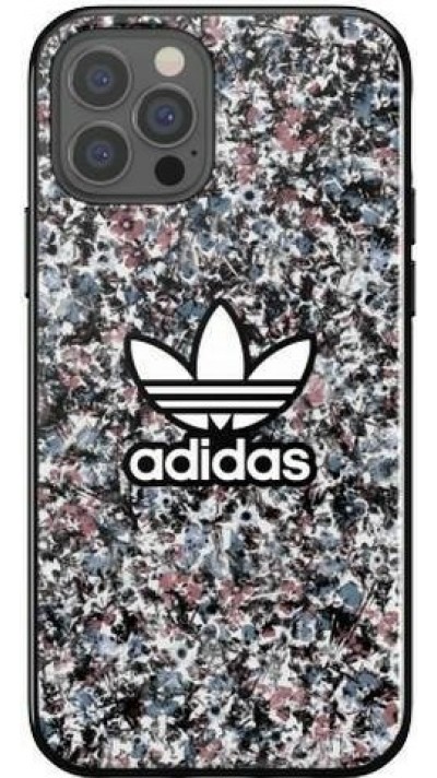 Coque iPhone 12 Pro Max - Adidas gel rigide fond fleuri et logo imprimé en blanc - Multicolore