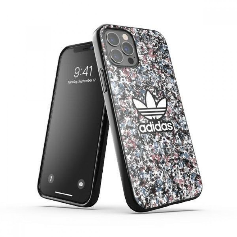 Coque iPhone 12 Pro Max - Adidas gel rigide fond fleuri et logo imprimé en blanc - Multicolore