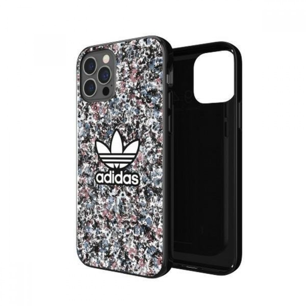 iPhone 12 Pro Max Case Hülle - Adidas starres Gel geblümter Hintergrund und aufgedrucktes Logo in Weiß - Multicolor