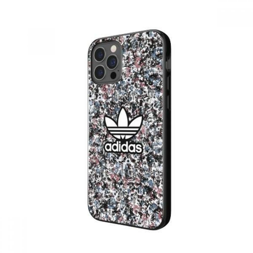 Coque iPhone 12 Pro Max - Adidas gel rigide fond fleuri et logo imprimé en blanc - Multicolore