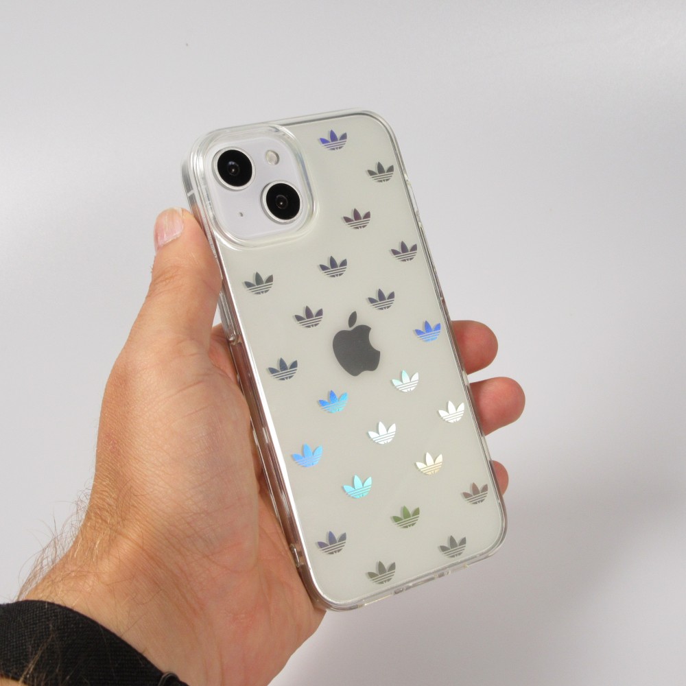 Coque iPhone 12 / 12 Pro - Adidas silicone rigide transparent avec répétition du logo effet irisé - Transparent