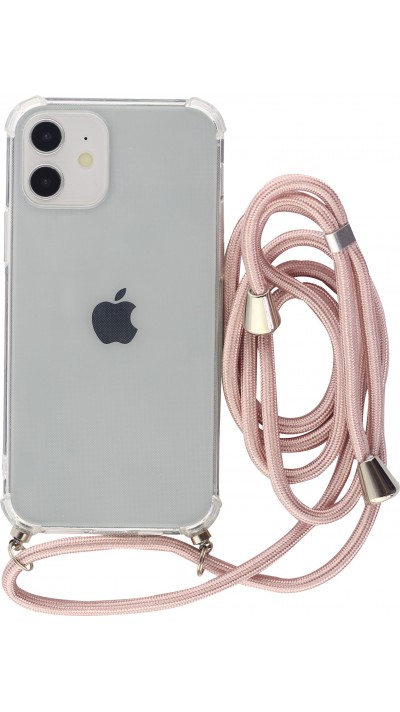 Coque iPhone 12 mini - Gel transparent avec lacet or - Rose