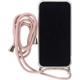 Coque iPhone 15 Pro - Gel transparent avec lacet or - Rose