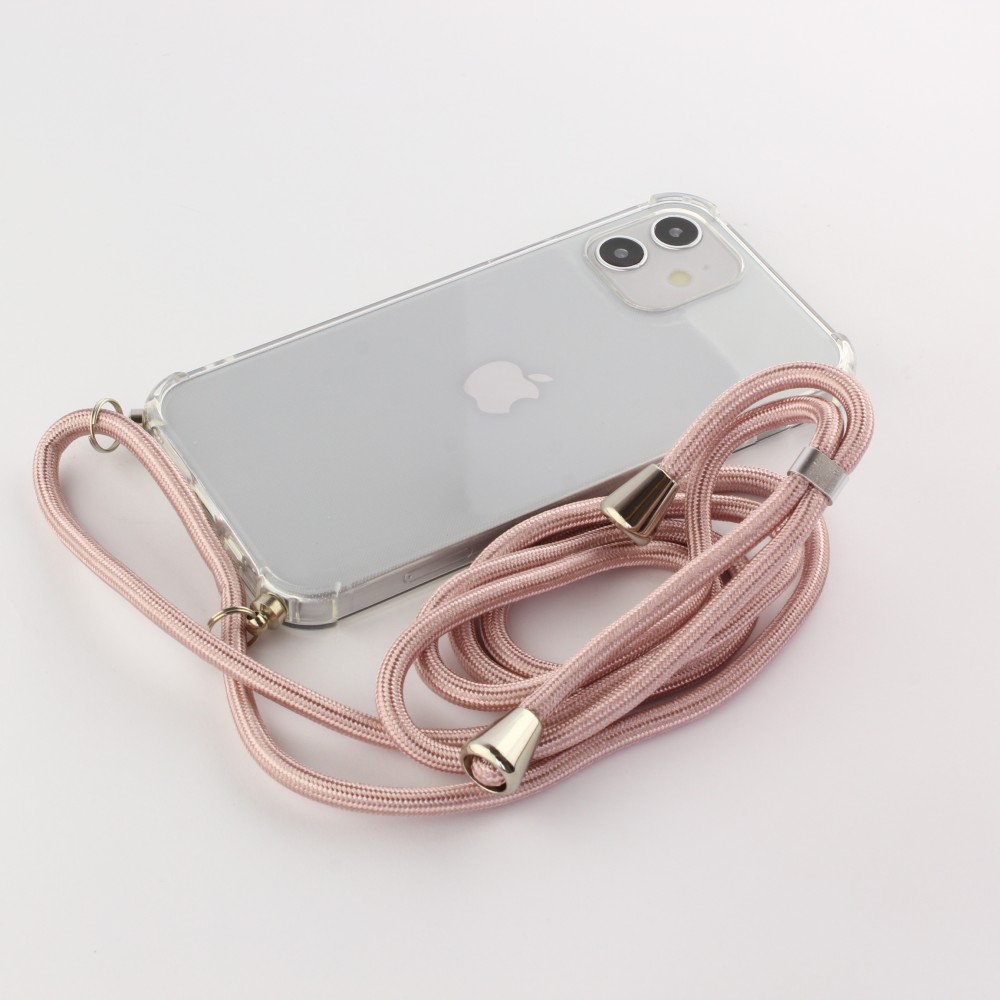 Coque iPhone 12 mini - Gel transparent avec lacet or - Rose