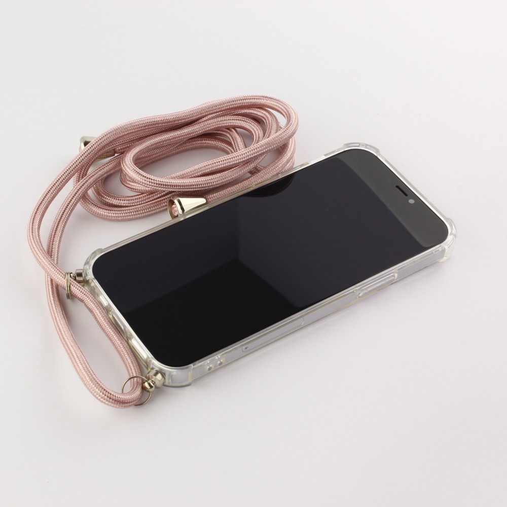 Coque iPhone 15 Plus - Gel transparent avec lacet or - Rose