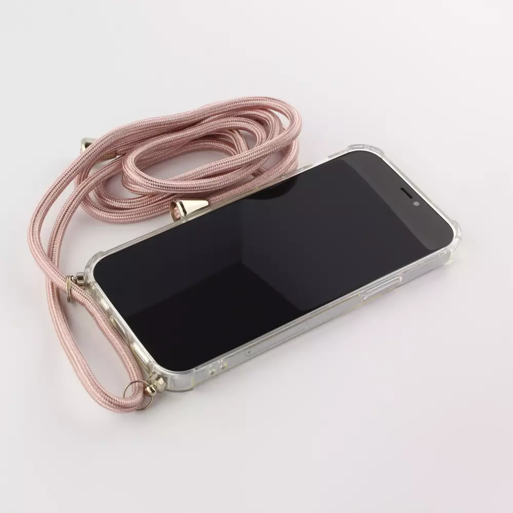 Coque iPhone 15 Pro - Gel transparent avec lacet or - Rose