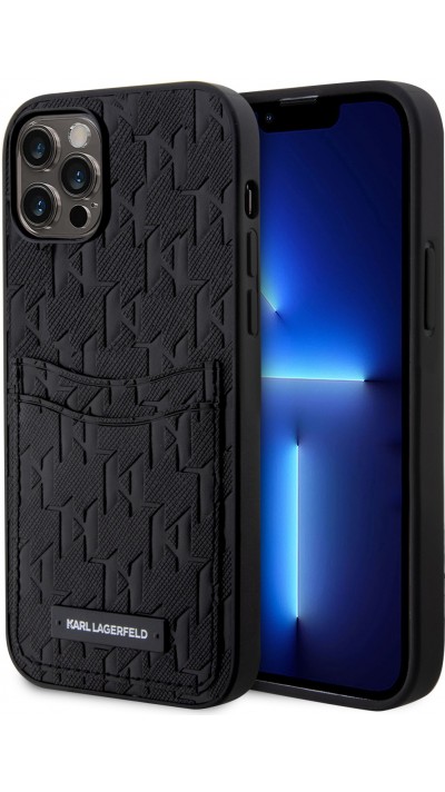 iPhone 12 / 12 Pro Case Hülle - Karl Lagerfeld Monogramm Kunstleder Saffiano mit 2 integrierten Kartenhaltern - Schwarz