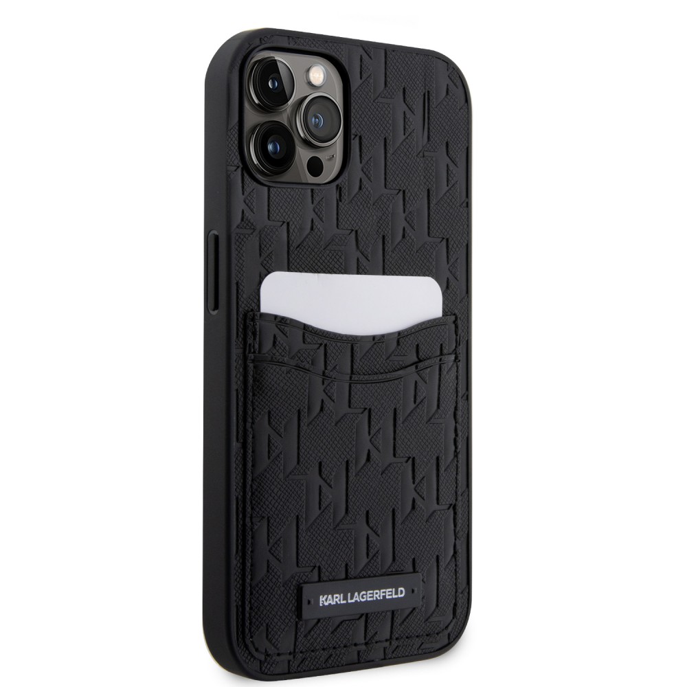 Coque iPhone 12 / 12 Pro - Karl Lagerfeld monogramme similicuir saffiano avec 2 portes cartes intégrés - Noir