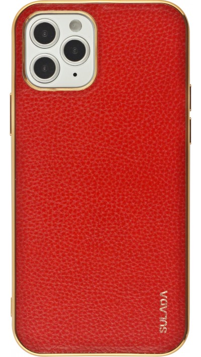 Coque iPhone 12 / 12 Pro - SULADA Gel Bronze et cuir véritable - Rouge