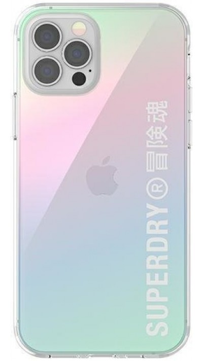 Coque iPhone 12 / 12 Pro - Superdry gel rigide transparent effet irisé avec logo imprimé en blanc - Transparent