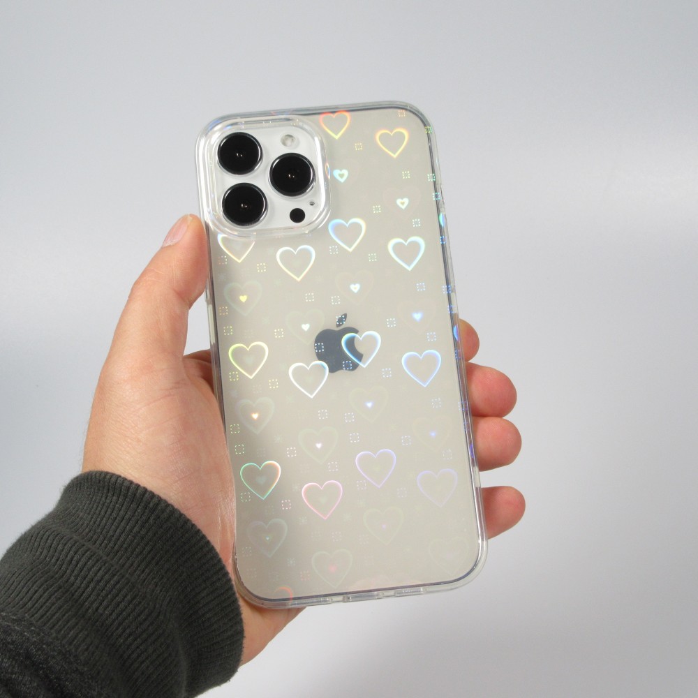 iPhone 12 Pro Max Case Hülle - Transparent irisierende Herzen Animationseffekt