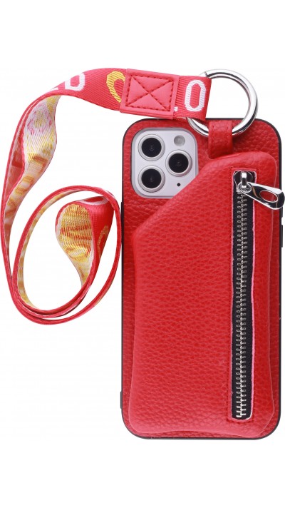 Coque iPhone 12 / 12 Pro - Wallet Poche avec cordon  - Rouge