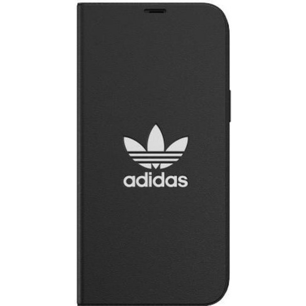 iPhone 12 Pro Max Case Hülle - Adidas Flip Kunstleder mit geprägtem weißem Logo - Schwarz