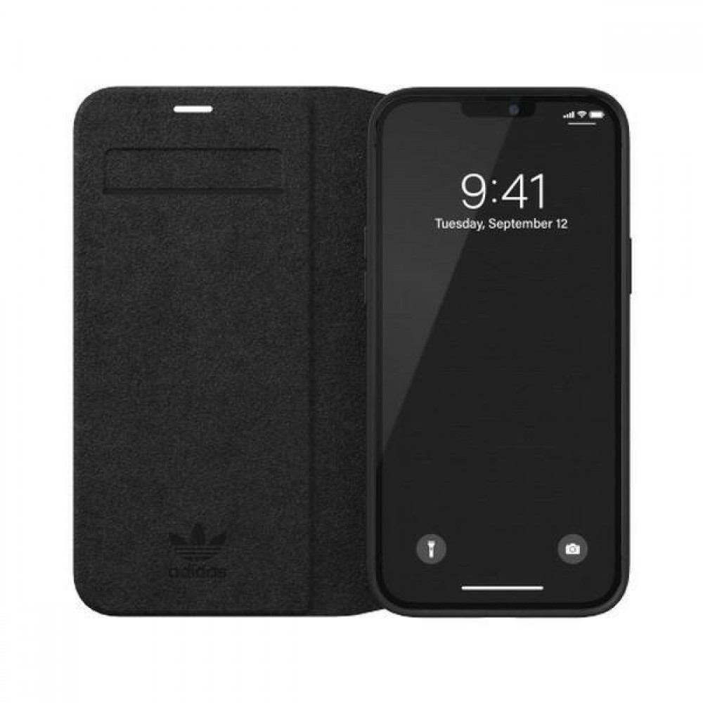 iPhone 12 Pro Max Case Hülle - Adidas Flip Kunstleder mit geprägtem weißem Logo - Schwarz