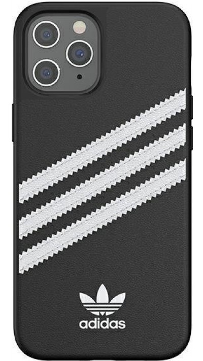 Coque iPhone 12 Pro Max - Adidas Gazelle style similicuir bandes blanches cousues et logo imprimé - Noir