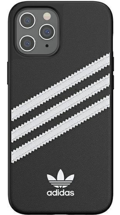 iPhone 12 Pro Max Case Hülle - Adidas Gazelle Style Kunstleder aufgenähte weiße Streifen und Logoprint - Schwarz