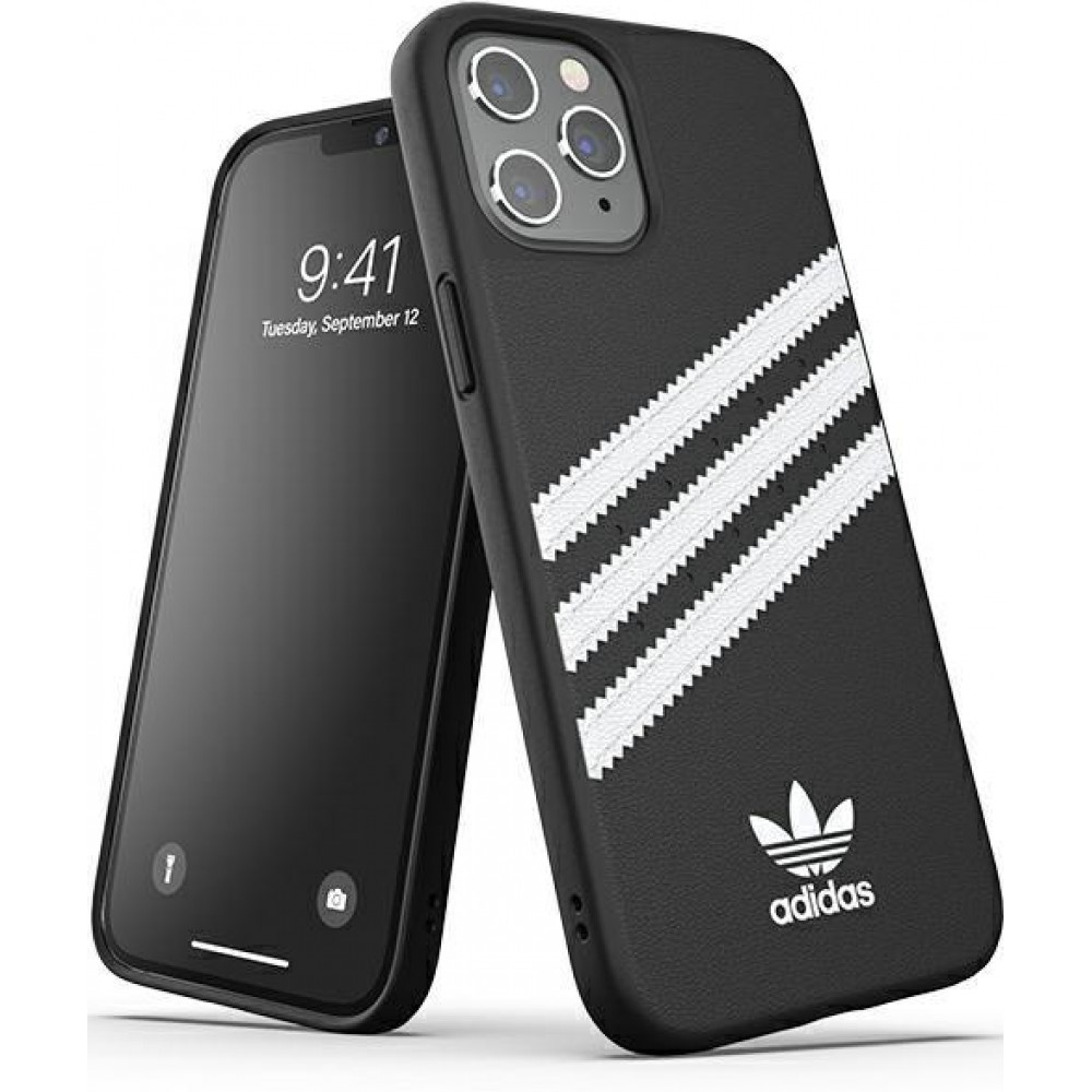 Coque iPhone 12 Pro Max - Adidas Gazelle style similicuir bandes blanches cousues et logo imprimé - Noir