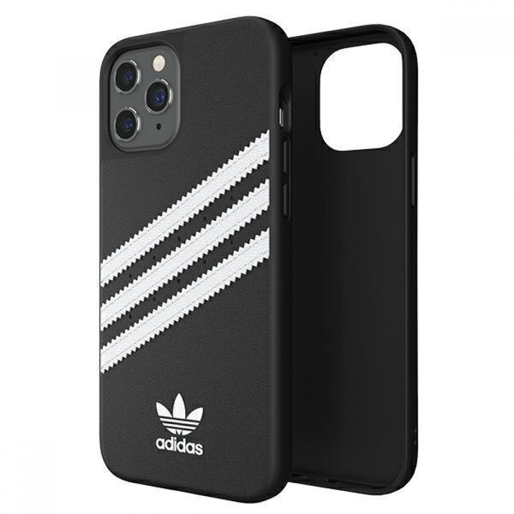 Coque iPhone 12 Pro Max - Adidas Gazelle style similicuir bandes blanches cousues et logo imprimé - Noir