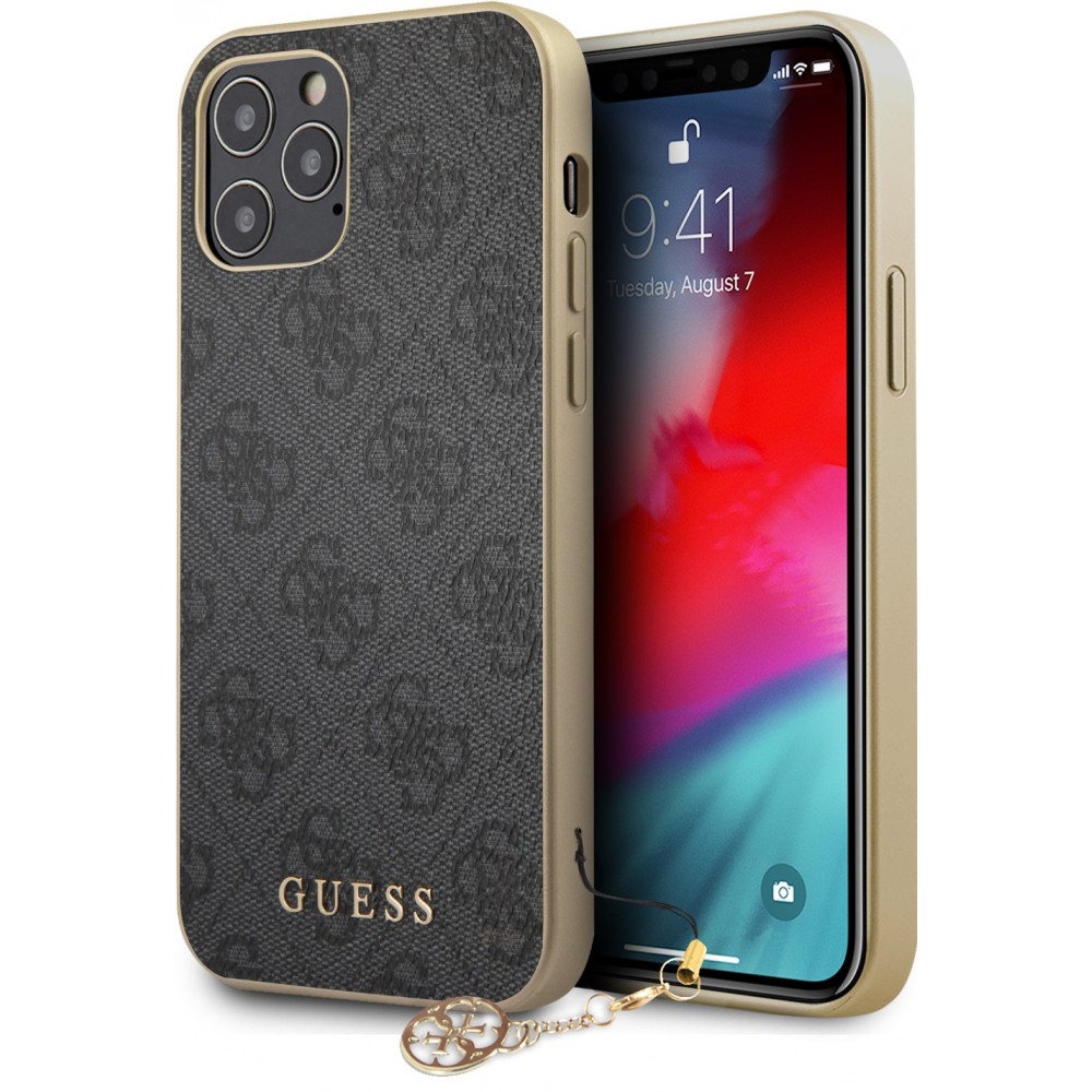 iPhone 13 Pro Max Case Hülle - Guess Leinwand Kunstleder Monogramm goldenen Metall-Logo mit Charm Anhänger - Schwarz / gold