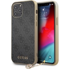 Coque iPhone 12 / 12 Pro - Guess toile similicuir monogramme logo métallique doré avec pendentif charm - Noir / or