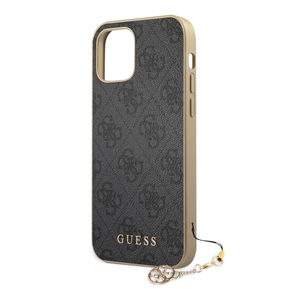 iPhone 12 / 12 Pro Case Hülle - Guess Leinwand Kunstleder Monogramm goldenen Metall-Logo mit Charm Anhänger - Schwarz / gold