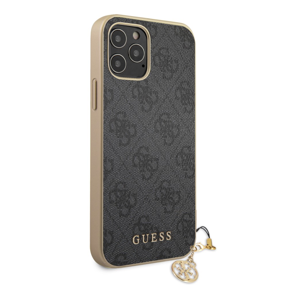 iPhone 13 Pro Max Case Hülle - Guess Leinwand Kunstleder Monogramm goldenen Metall-Logo mit Charm Anhänger - Schwarz / gold