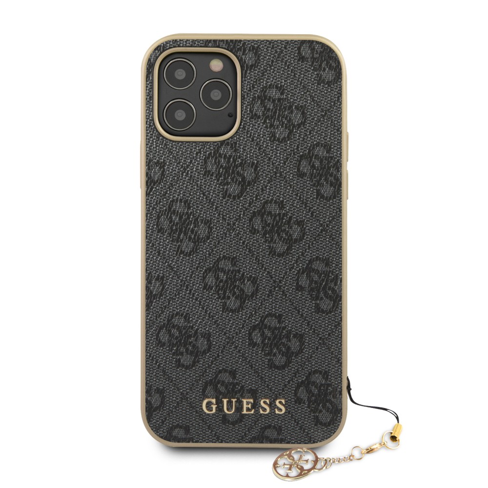 iPhone 13 Pro Max Case Hülle - Guess Leinwand Kunstleder Monogramm goldenen Metall-Logo mit Charm Anhänger - Schwarz / gold