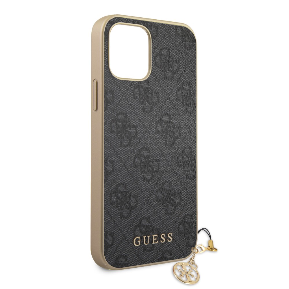 iPhone 12 / 12 Pro Case Hülle - Guess Leinwand Kunstleder Monogramm goldenen Metall-Logo mit Charm Anhänger - Schwarz / gold