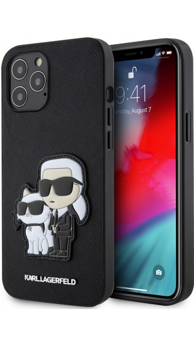 Coque iPhone 12 Pro Max - Karl Lagerfeld et Choupette duo similicuir et logo métallique en relief - Noir
