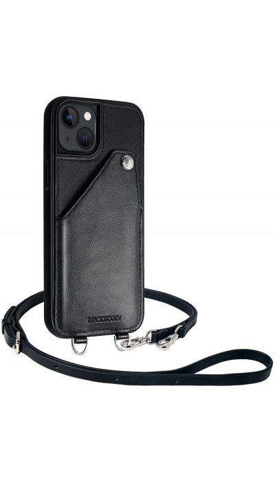 Coque iPhone 13 - Case de protection luxueuse en cuir véritable LUCKYCOIN avec lanière - Noir