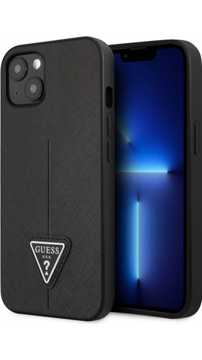 Coque iPhone 13 - Guess en similicuir noir avec logo triangle en métal - Noir