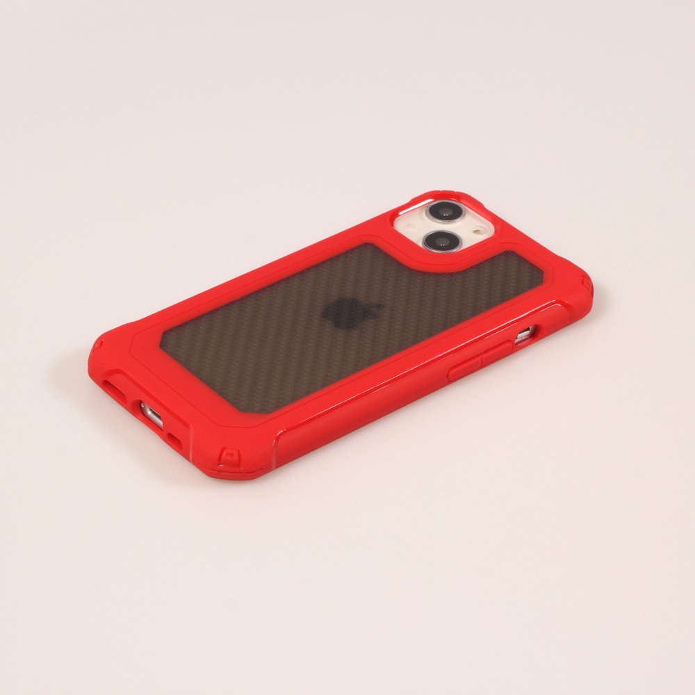 iPhone 14 Case Hülle - Military Elite kompakt Cover mit semi-transparentem Carbon Rücken - Rot