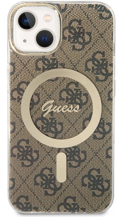 Coque iPhone 13 - Guess monogramme laqué avec MagSafe doré - Brun