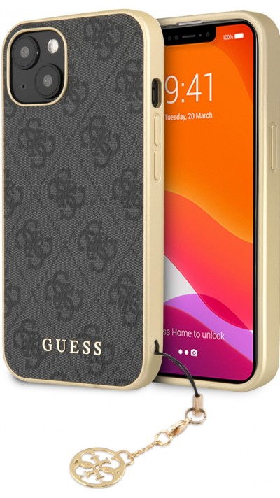 Coque iPhone 13 - Guess toile similicuir monogramme logo métallique doré avec pendentif charm - Noir / or