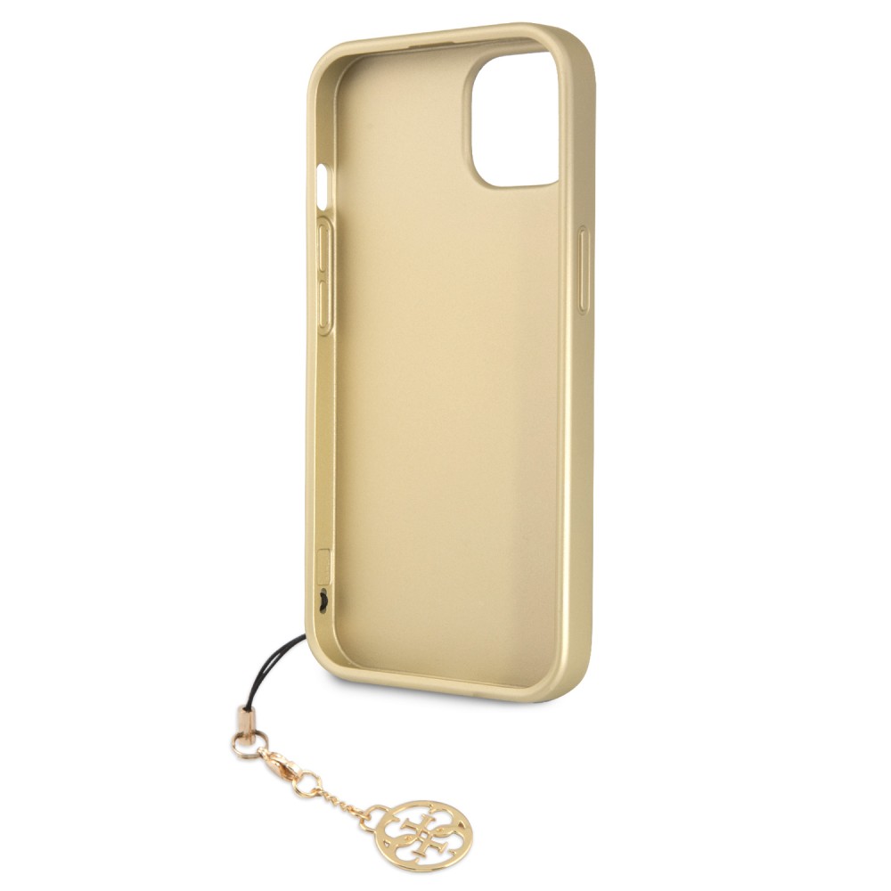 Coque iPhone 13 - Guess toile similicuir monogramme logo métallique doré avec pendentif charm - Noir / or