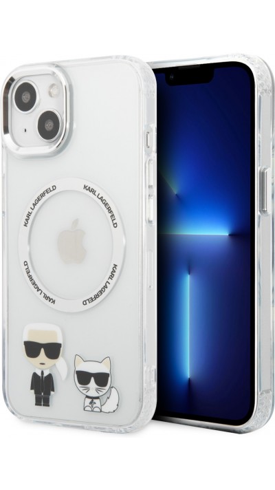 Coque iPhone 15 - Karl Lagerfeld et Choupette duo gel rigide avec MagSafe argenté - Transparent