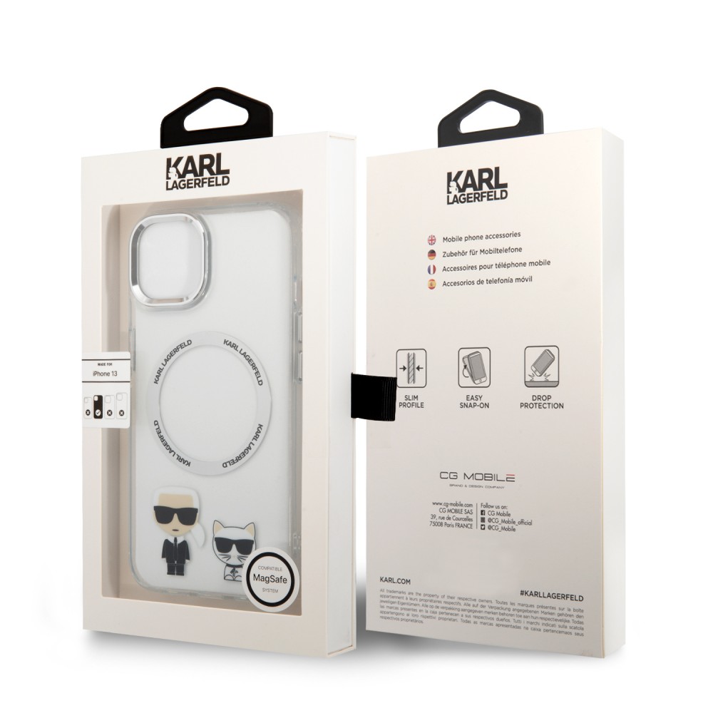 iPhone 13 Case Hülle - Karl Lagerfeld und Choupette duo gel rigide mit MagSafe in silber - Transparent
