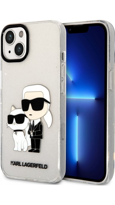 Coque iPhone 13 - Karl Lagerfeld et Choupette duo gel rigide pailleté - Transparent