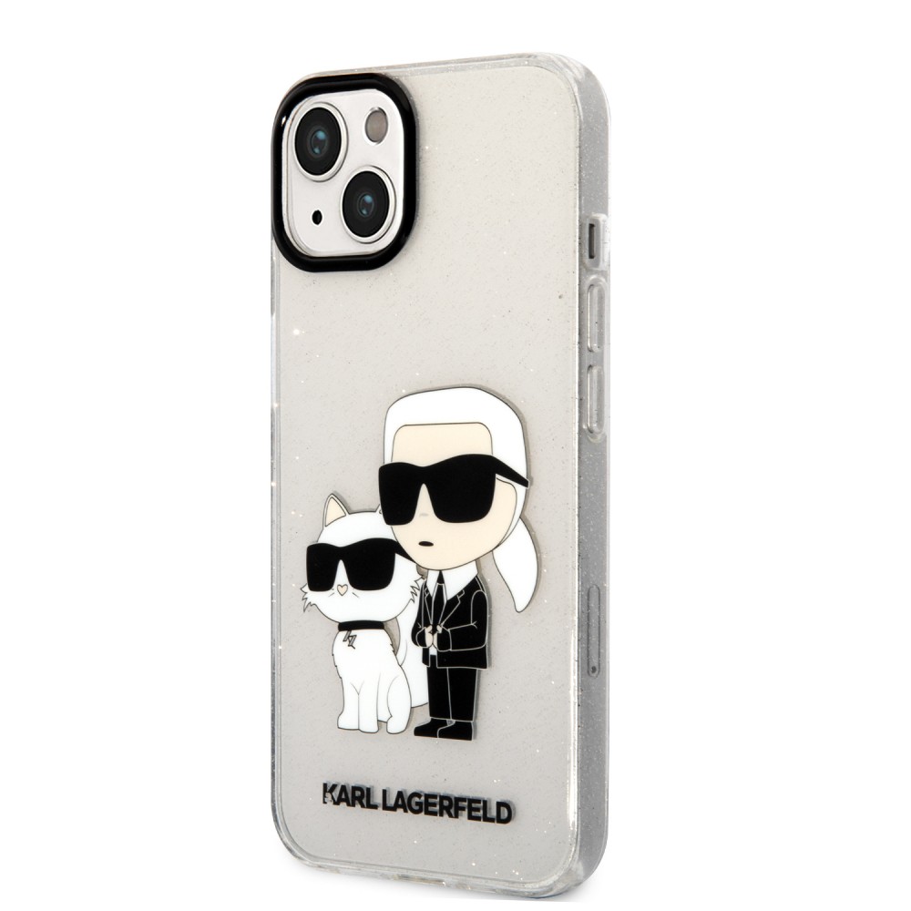 Coque iPhone 13 - Karl Lagerfeld et Choupette duo gel rigide pailleté - Transparent