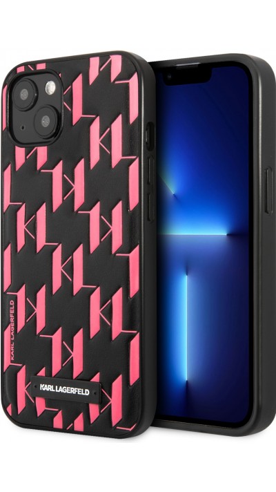 Coque iPhone 13 - Karl Lagerfeld similicuir monogramme embossé et plaque métallique avec logo - Noir et rose