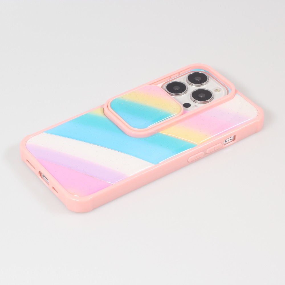 iPhone 13 Pro Case Hülle - Kamera vertikale Klappe Regenbogen - Rosa blau