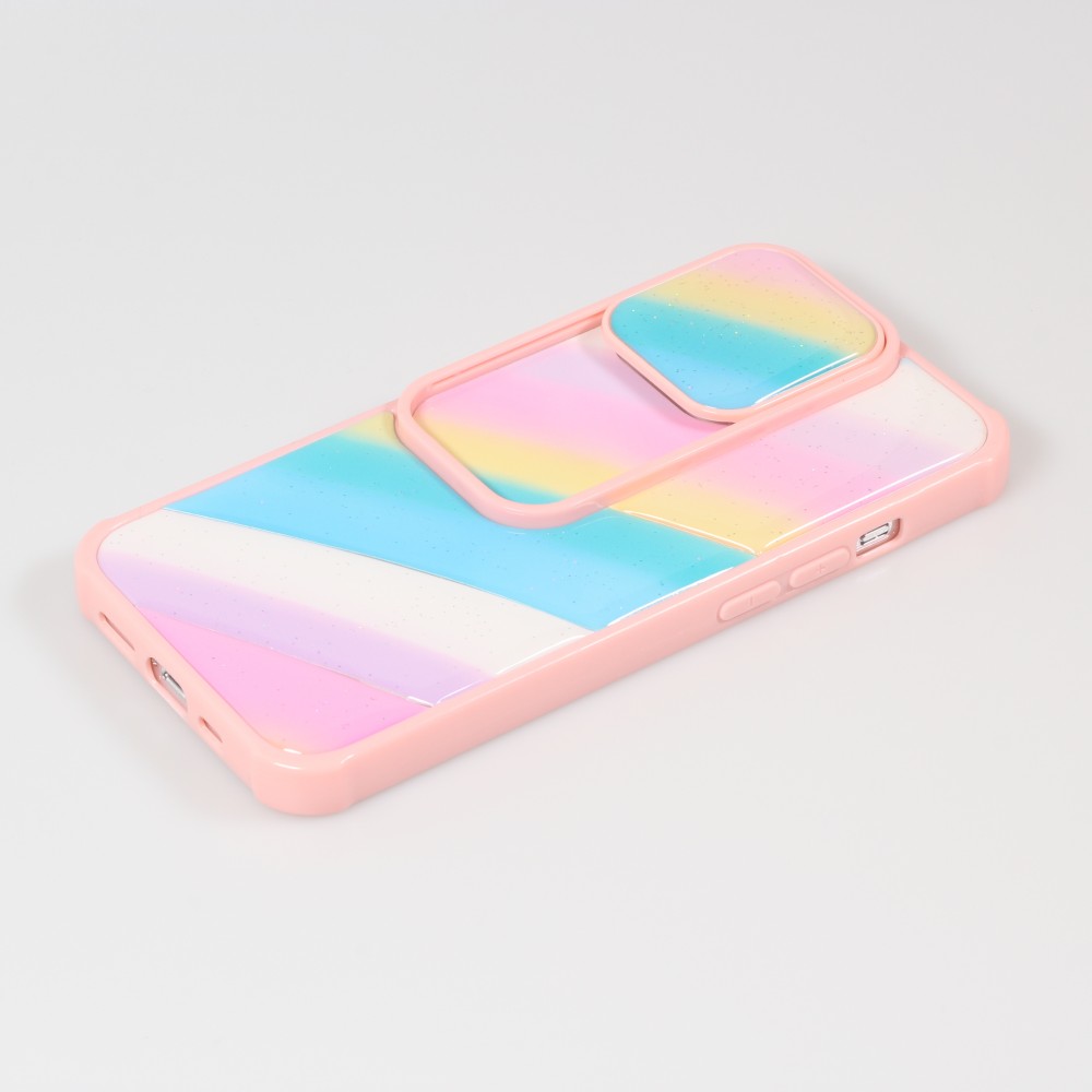 Coque iPhone 13 Pro - Caméra clapet vertical arc-en-ciel - Rose - Bleu