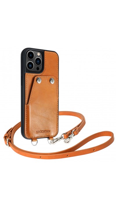 Coque iPhone 13 Pro - Case de protection luxueuse en cuir véritable LUCKYCOIN avec lanière - Brun