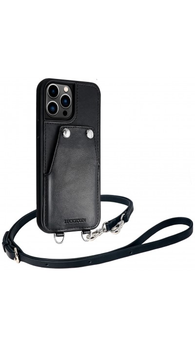 Coque iPhone 13 Pro - Case de protection luxueuse en cuir véritable LUCKYCOIN avec lanière - Noir