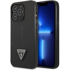 Coque iPhone 13 Pro - Guess en similicuir noir avec logo triangle en métal - Noir