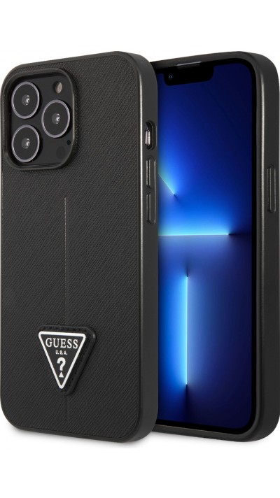 Coque iPhone 13 Pro - Guess en similicuir noir avec logo triangle en métal - Noir