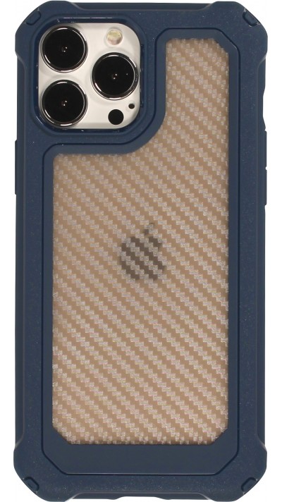 Coque iPhone 14 Pro Max - Cover Military Élite avec dos en carbone semi-transparent - Bleu foncé