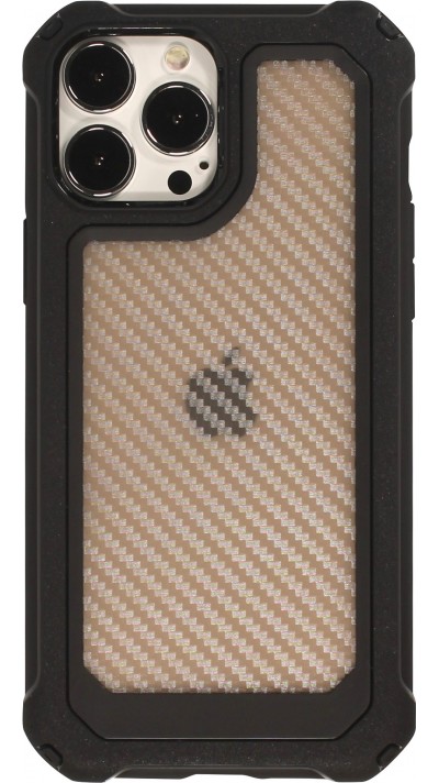 Coque iPhone 14 Pro - Cover Military Élite avec dos en carbone semi-transparent - Noir