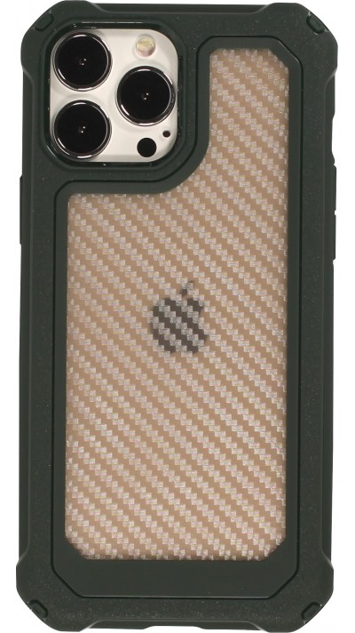 Coque iPhone 14 Pro - Cover Military Élite avec dos en carbone semi-transparent - Vert foncé