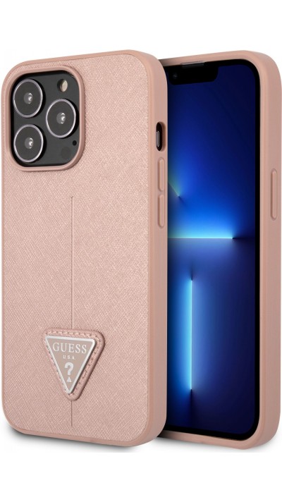Coque iPhone 13 Pro - Guess en similicuir rose avec logo triangle en métal - Rose